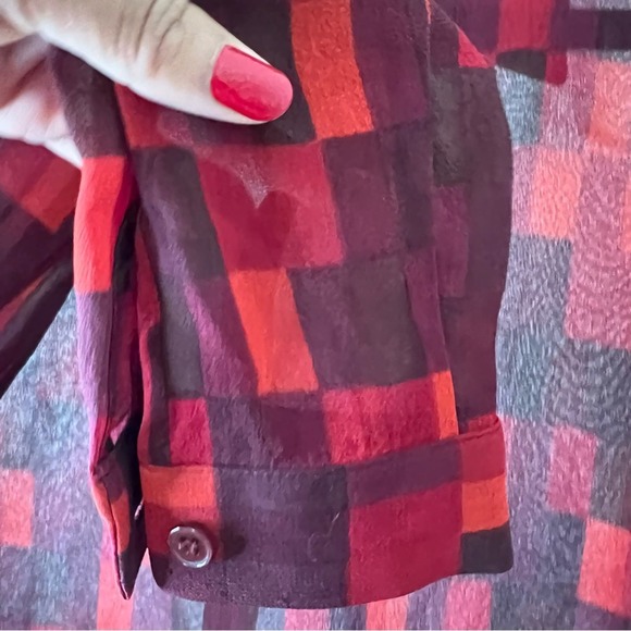 Jones Of New York Red Plaid Checkered Silk Blouse Size 14 - Picture 4 of 12